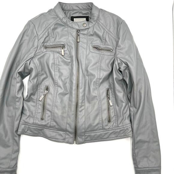 JOUJOU Women's Medium Silver Gray Faux leather Jacket Soft vegan fur lining - Picture 1 of 8